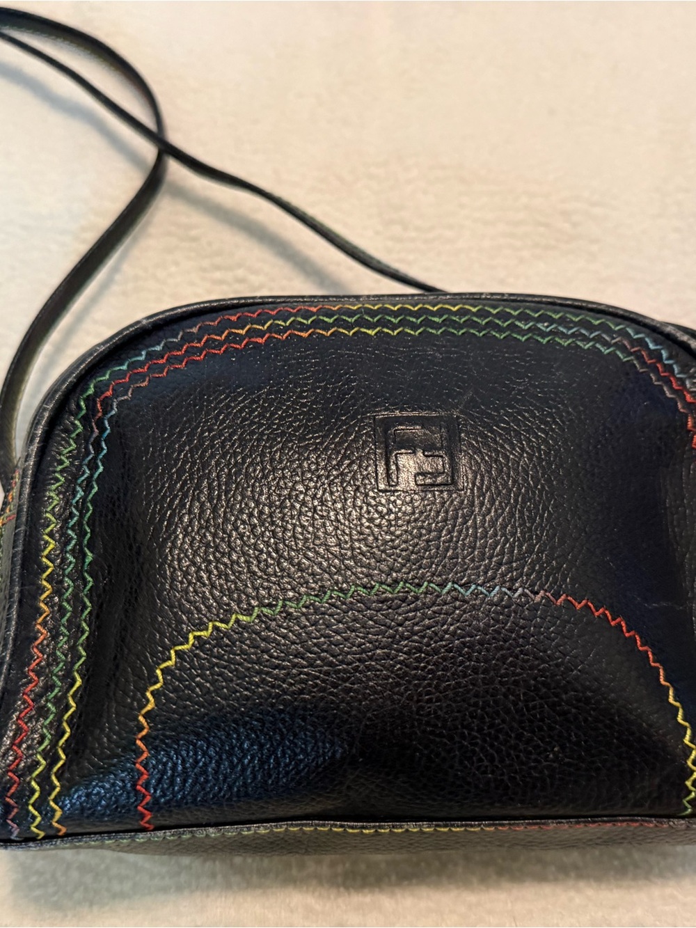 Vintage FENDI s.a.s. Black Pebbled Leather Rainbow ZigZag Crossbody Camera Bag